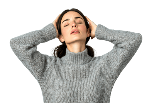 Woman in sweater with hands on head, eyes closed, cut out transparent png