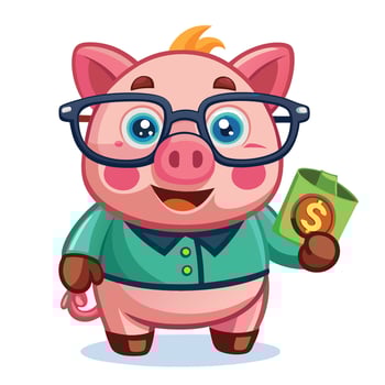 piggy bank cartoon character with glasses and money vector