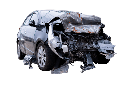 Car crash, Front view of modern black sedan car get damaged by accident on the road. damaged cars after collision. isolated on transparent background. File png