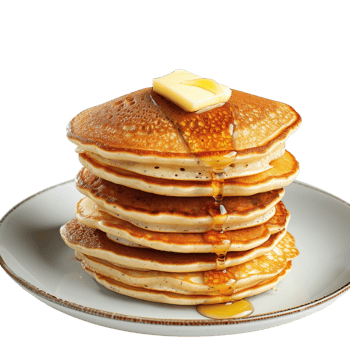 Delicious Stack of Fluffy Pancakes with Butter and Syrup on a White Plate png