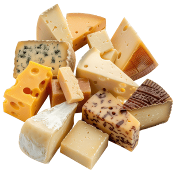 Assorted Cheeses Collection Featuring Variety of Textures, Colors, and Shapes for Culinary Arts png