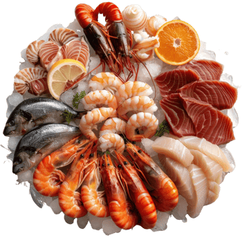 Fresh Seafood Platter with Variety of Fish, Shrimp, Scallops, and Citrus Garnish png