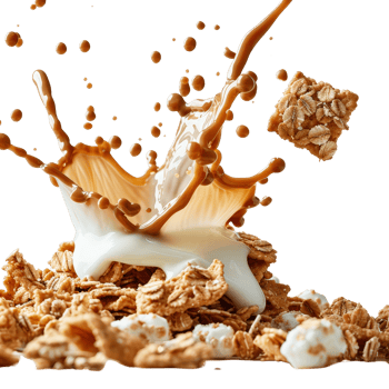 Splash of Milk and Cereal with Nuts Creating Dynamic Visual on a . png