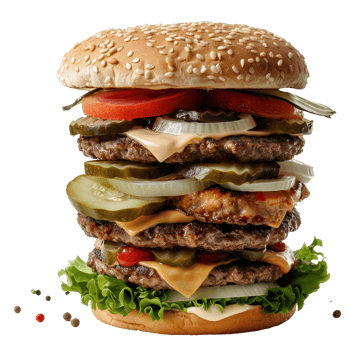 Gourmet Hamburger Stacked with Fresh Ingredients and Juicy Patties Ready for a Delicious Meal png