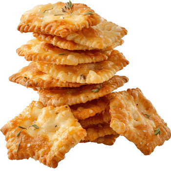 Golden crispy crackers stacked high on a wooden surface with herbs and rich texture png