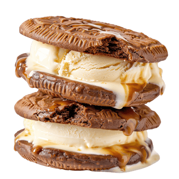 Delicious Ice Cream Sandwich with Chocolate Cookies and Drizzling Caramel Sauce on Top png