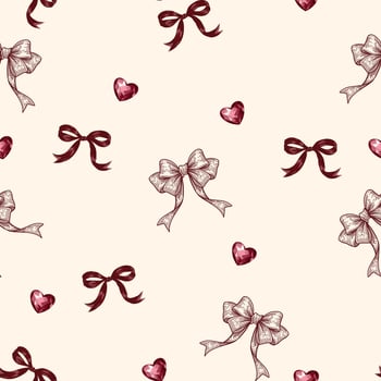 seamless pattern with Vintage ruby red Ribbon Bow and Gemstone Heart in beige vector