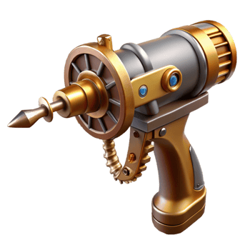 vibrant artistic Steampunk drill with a rotating brass bit and a hand crank 4K png