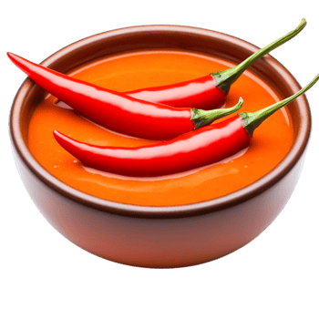 Fresh Red Chili Peppers in Spicy Sauce in Brown Bowl on png