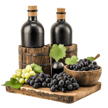 Rustic Still Life with Bottles, Grapes, and Wooden Barrel Table Setting png