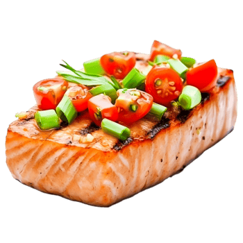 Grilled Salmon Fillet Topped with Chopped Vegetables and Herbs png