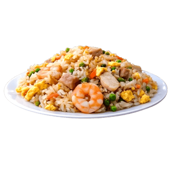 Delicious Shrimp Fried Rice with Chicken and Peas on White Plate png