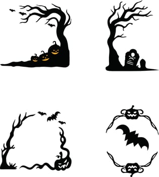 Spooky halloween silhouette set with trees, pumpkins, bats, and graveyard. vector