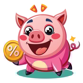 Happy pig holding a discount coin vector