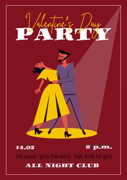 Valentine's Day party poster in retro style. Romantic composition with dancing couple in love. Man and woman dancer vintage tango illustration for Invitation to nightclub, post, card. vector