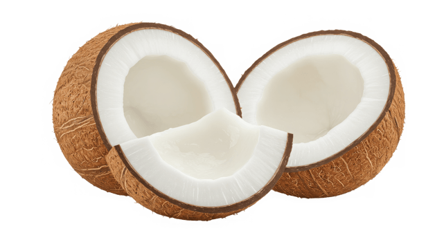 Rich brown husks and creamy white meat are displayed in two entire and one divided coconuts, creating a tantalizing picture of summertime enjoyment. png