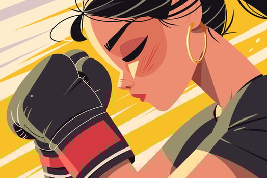 Vibrant illustration of a female boxer poised for action, exuding confidence and strength. Ideal for sports, fitness, and empowerment themes. vector