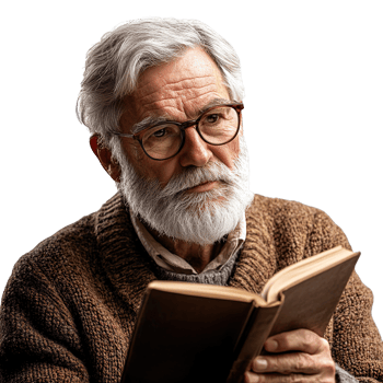 Portrait of a senior man reading a book isolated on transparent background png