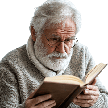 Portrait of a senior man reading a book isolated on a transparent background png