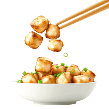 Delicious Crispy Fried Tofu with Green Onions on White Bowl Background png
