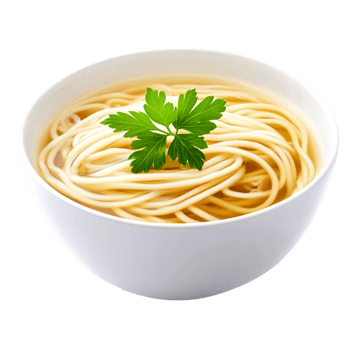 Delicious bowl of steaming noodle soup with fresh green herb garnish png