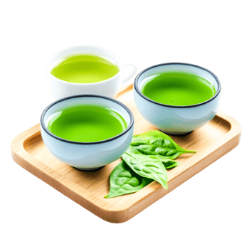 Fresh Herbal Green Tea in Elegant Bowls with Green Leaves on Wooden Tray png