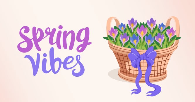 Spring vibes banner with Festive Basket and spring crocus. Spring background with flowers for holiday greeting, invitation. flat illustration. vector