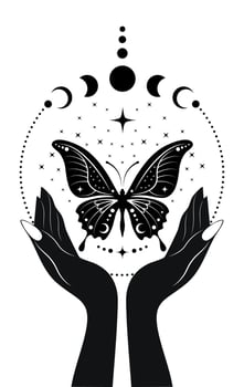 Mystical Moon Phases and sacred butterfly in hands of fortune teller. Magic celestial clipart of yoga, spa, beauty salon, cosmetics, relax, brand style, tattoo. Logo Isolated on white background vector