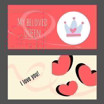 Creative concept of Happy Valentines Day cards set. Modern abstract art design with hearts, crown and typography. Colorful templates for celebration, ads, branding, banner, cover, label, poster, sales vector
