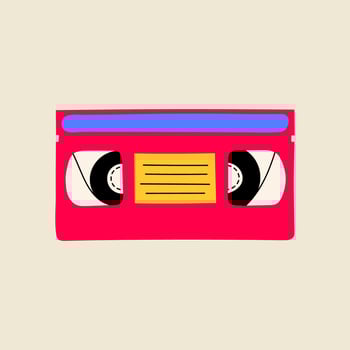 Vintage cassette illustration, flat line style. Hand drawn graphic old technology element. vector