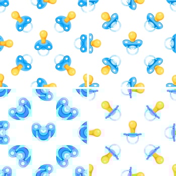 Seamless pattern with baby pacifiers showing different perspectives and shapes, perfect for newborn and childcare projects vector