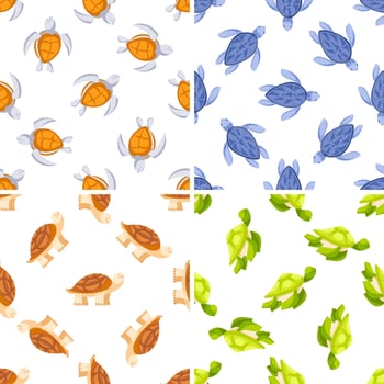 Four seamless patterns with walking and swimming turtles in different colors vector