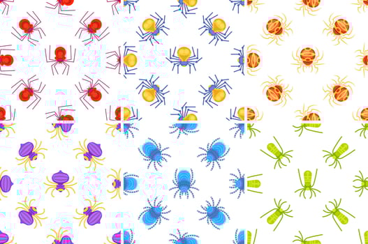 Colorful spider patterns repeating on white background vector
