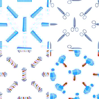 Seamless pattern with barber tools showing combs, scissors, hairdryer and barber poles vector