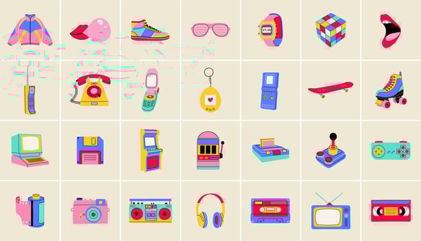 Collection of classic 80s-90s elements in modern style flat, line style. Hand drawn illustrations. Fashion patch, badge, emblem. vector