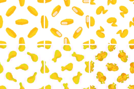 Seamless pattern with crispy fried chicken nuggets, wings, legs and breasts on white background vector
