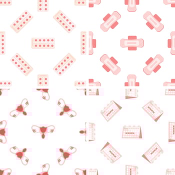 Seamless pattern with calendar, sanitary pads, pills and uterus symbolizing menstruation vector
