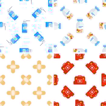 Seamless pattern with medical supplies showing nasal spray, pills, band aids and first aid kit vector