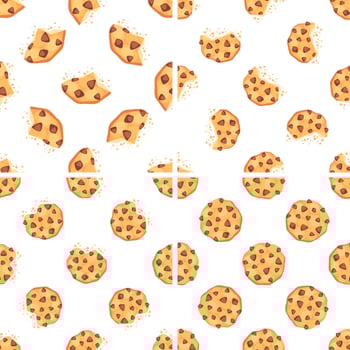 Seamless pattern with chocolate chip cookies, whole, bitten and broken cookies on white background vector