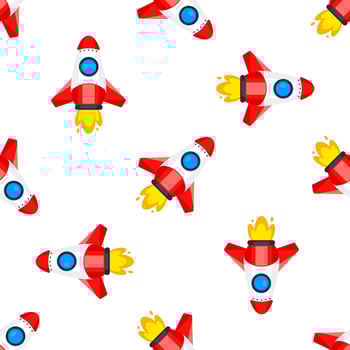 Seamless pattern with red and white cartoon rockets launching into space vector