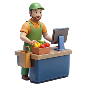 serene rustic Friendly cashier, scanning groceries groceries not visible , high resolution png