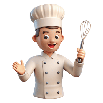 magnificent abstract Excited chef, white uniform, holding whisk, original png