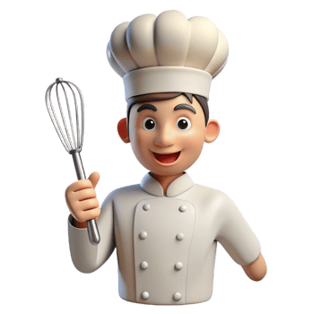 serene traditional Excited chef, white uniform, holding whisk, premium png