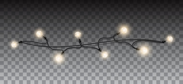 Realistic retro light bulb. Decorative vintage design edison lightbulb. Glowing fairy Christmas garland string. New Year party led lamps decoration vector