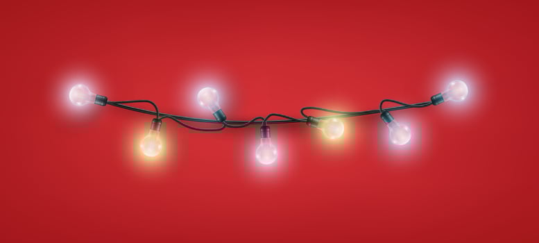 Christmas ornaments bright light garlands. Xmas decoration string light garland multicolored. Bulb lamp on red ribbon for the new year. illustration vector