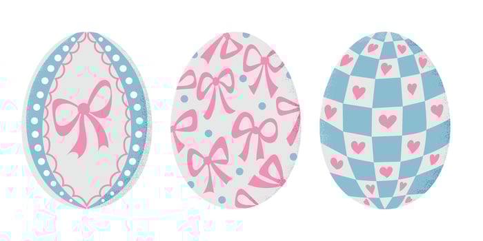 Hand-drawn illustration of three decorative Easter eggs with pastel pink and blue patterns, including bows, hearts, and geometric shapes. Perfect for holiday designs, greeting cards vector