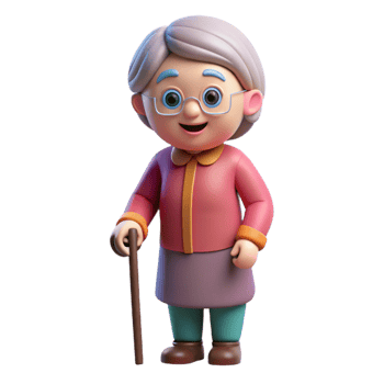 vibrant minimalist Smiling elderly woman with a cane detailed png