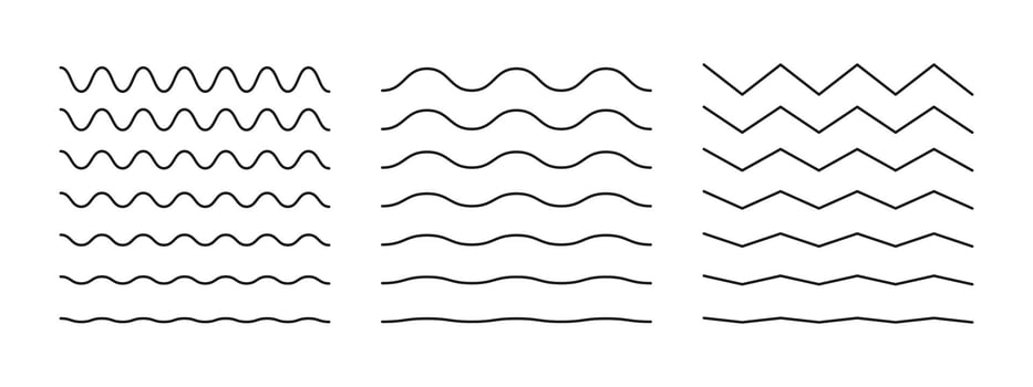 Wavy, curvy lines template. Simple undulate borders, transverse horizontal lines. Sine, fluid, air, wind signs pattern. Water, river, lake, sea, ocean symbol mockup. Outline minimalist black graphic. vector