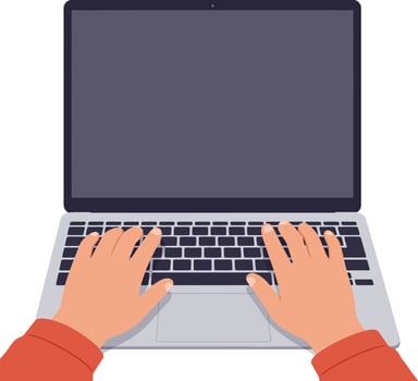 Hands typing on a sleek laptop keyboard in a flat design style showcasing modern technology and workspace aesthetics in art vector