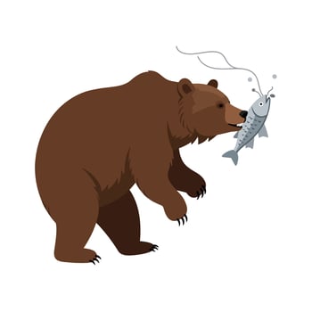 Brown bear catching a fish in a river, showcasing a minimal design style, featuring natural colors and textures, art vector